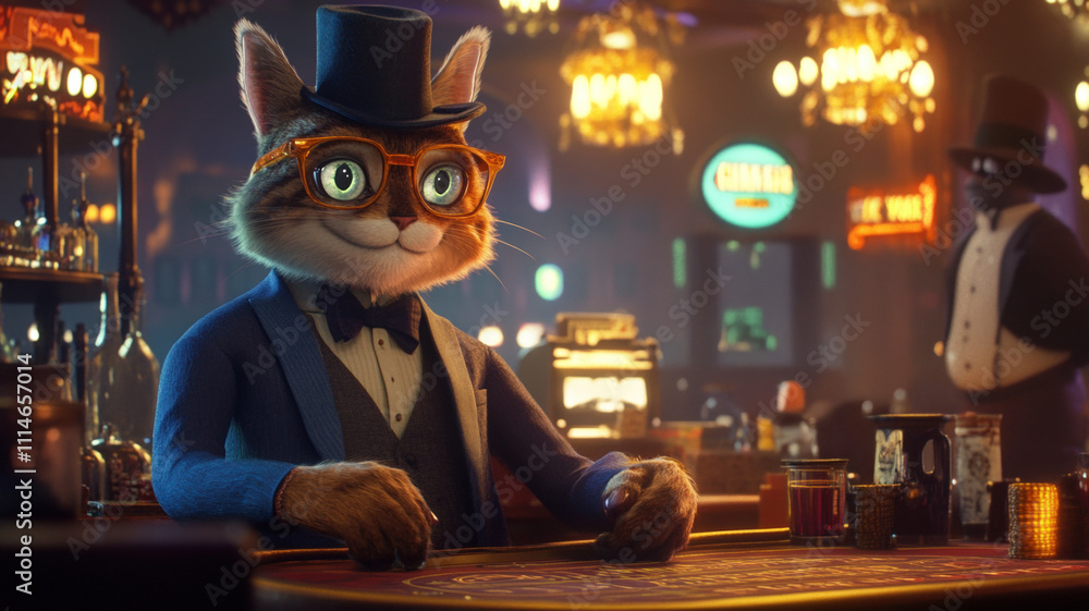 Stylish Anthropomorphic Cat in Tuxedo Playing Poker at Luxurious Casino Table, Surrounded by Warm Vintage Lighting
