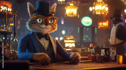 Obraz na płótnie Stylish Anthropomorphic Cat in Tuxedo Playing Poker at Luxurious Casino Table, Surrounded by Warm Vintage Lighting w salonie