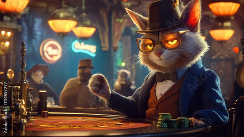 Stylish Anthropomorphic Cat in Tuxedo Playing Poker at Luxurious Casino Table, Surrounded by Warm Vintage Lighting