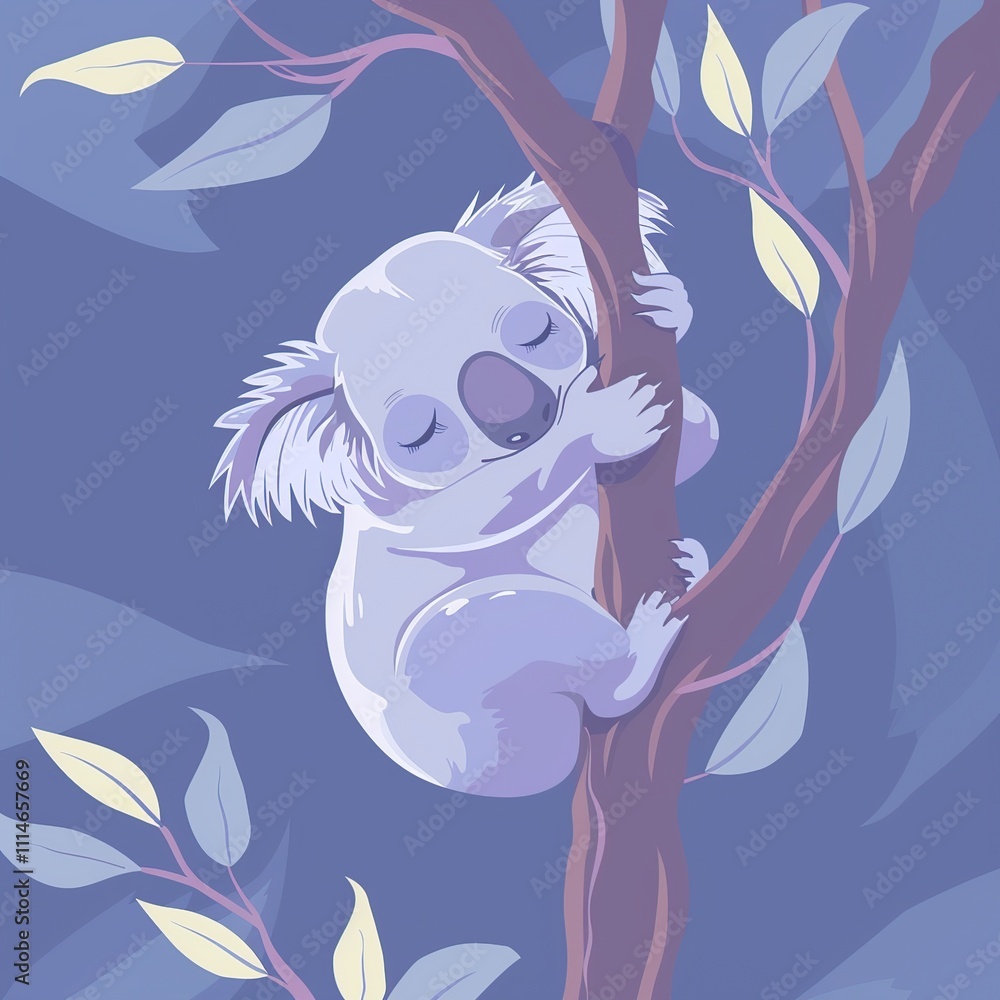 Obraz premium Sleeping koala on eucalyptus tree branch at night.