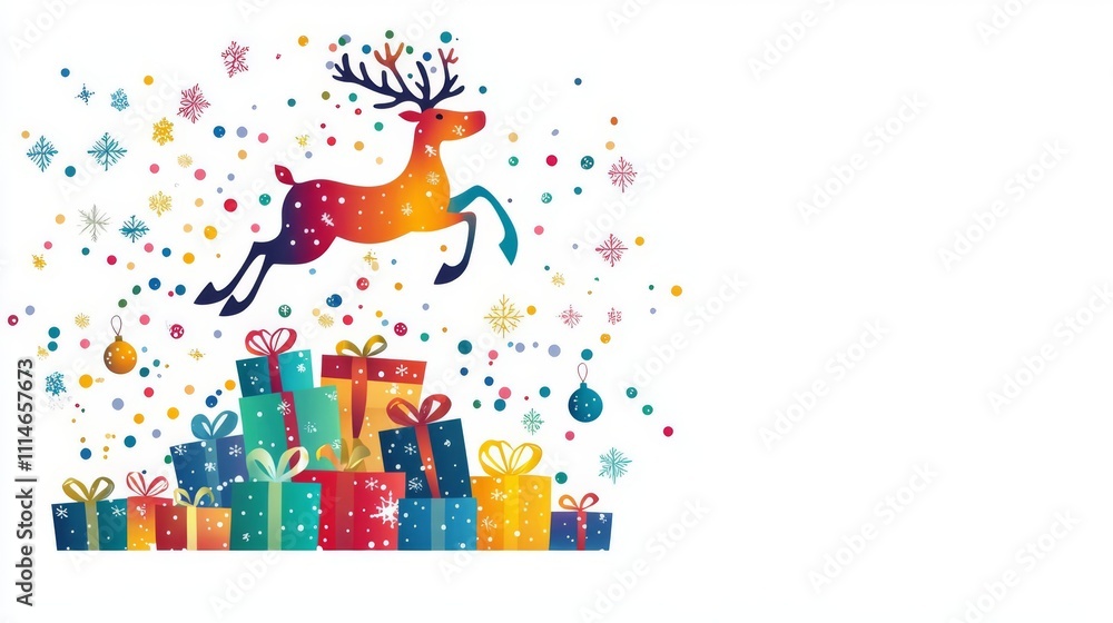 Obraz premium Colorful reindeer jumping among festive gifts.