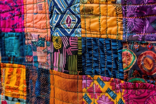 Colorful quilt showcasing intricate patterns and vibrant fabrics at a community craft fair in late afternoon sunlight photo