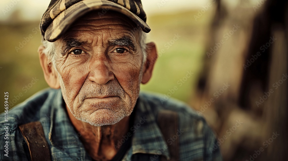 Confident elder man in plaid shirt with a baseball cap outdoors during golden hour Confident elder man in plaid shirt with a baseball cap outdoors during golden hour