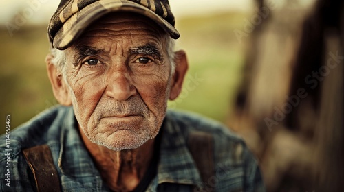 Confident elder man in plaid shirt with a baseball cap outdoors during golden hour photo