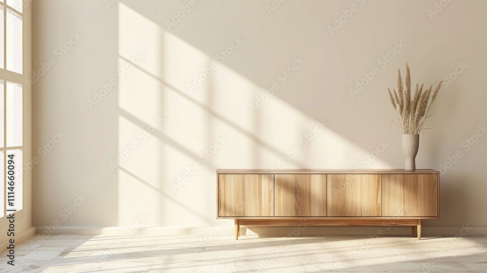 Fototapeta premium Minimalist Living Room with Wooden Cabinet