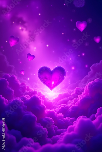 A magical, dreamy scene with a large, glowing pink heart floating above a sea of purple clouds with a starry night sky in the background.