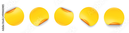 Paper yellow stickers. Peel off and fold label tag. Sale badges with curled edges. Sticky tag banners. Special offer tags and stickers. Price sticker tags. Vector adhesive note reminders