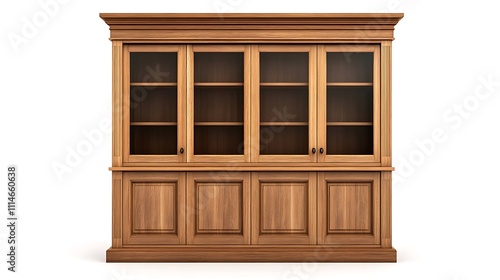 Classic wooden display cabinet with glass doors and shelves. photo