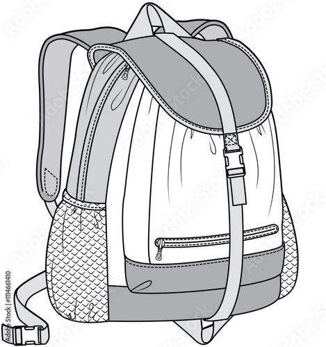 Snap Buckle backpack flat sketch vector illustration technical cad drawing template