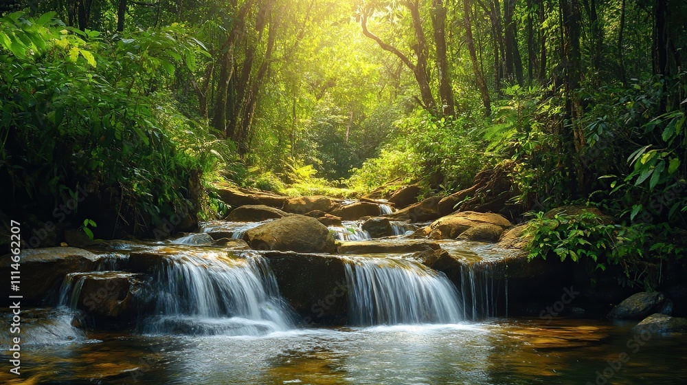 Obraz premium Serene jungle stream cascading over rocks.