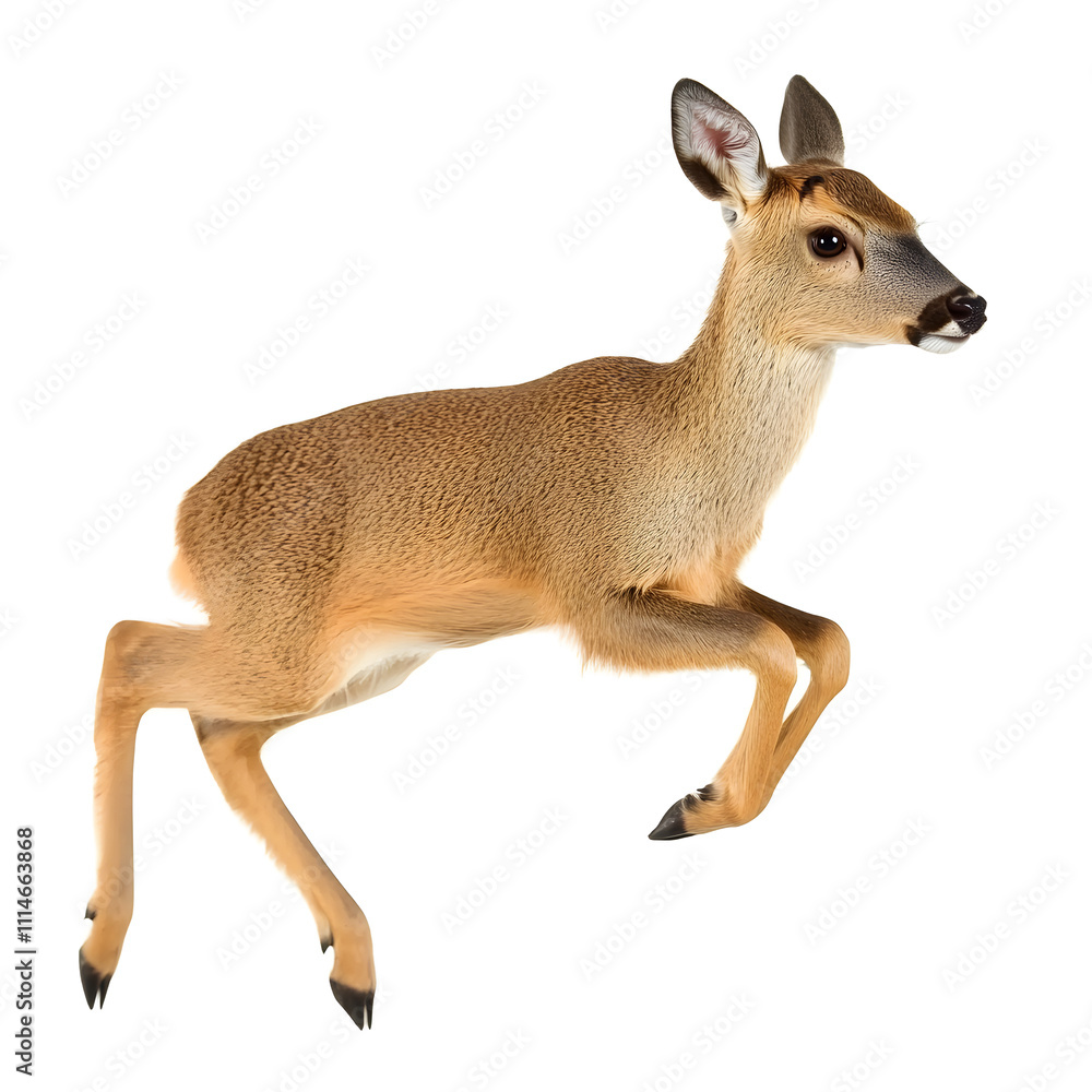Fototapeta premium Young deer gracefully leaping in mid-air showcasing its agility and natural beauty against a clean white background ideal for wildlife photography