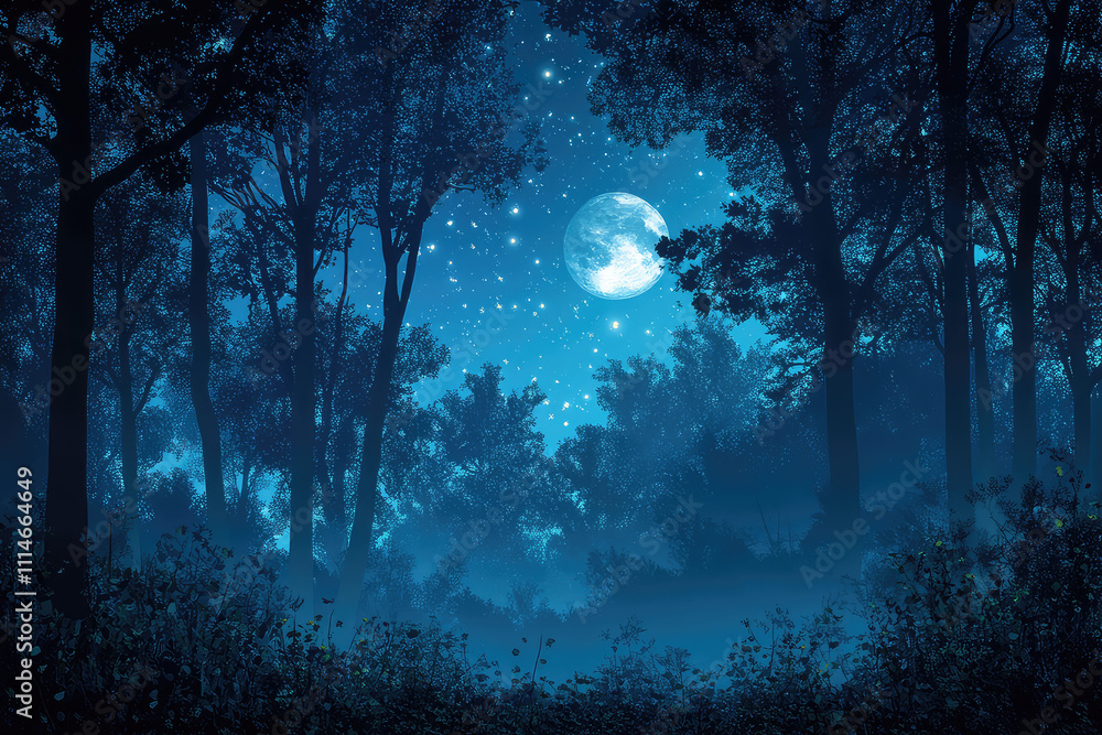 Fototapeta premium Full moon Night with river and tree vector illustrations 