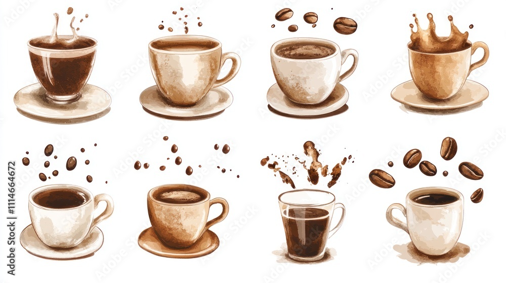 Obraz premium Watercolor Collection of Coffee Cups and Beans