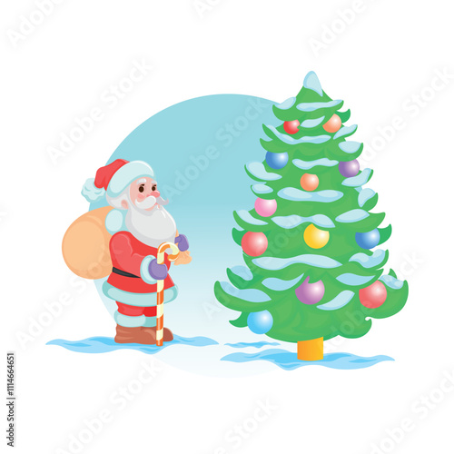 Santa came to us for the New Year's holiday! Christmas tree, Santa, snow, new Year gifts, fairy forest, Christmas decorations, isolate, vector illustration, art, design, background