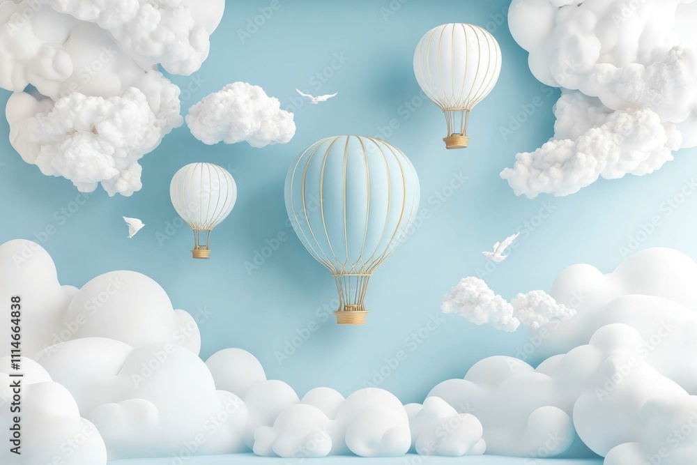 Obraz premium Pastel blue hot air balloons float amidst fluffy white clouds against a light blue sky.
