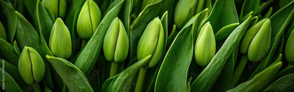 Obraz premium Green tulip buds nestled among vibrant leaves in springtime
