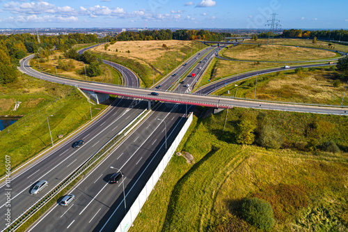 Aerial view of beltway route south and east highways Biezanow transportation hub in Kokotow district of Cracow in Poland