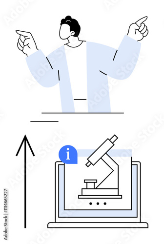 Man pointing upwards with both hands, below a microscope is displayed on a laptop screen with an information icon. Ideal for science education, online learning, technology, research, guidance