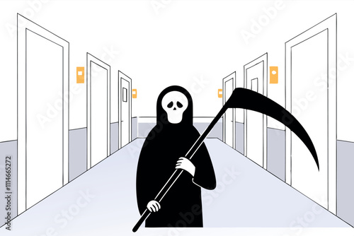 Death character in black robe with scythe in hospital hall looking for new victim vector illustration