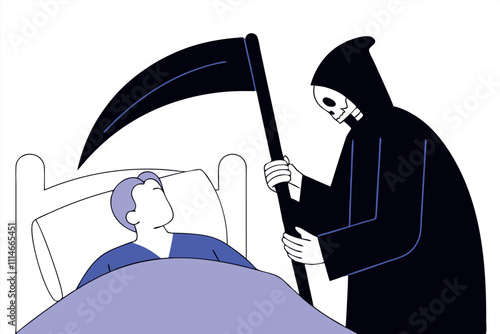 Death character in black robe with scythe coming for dying man in hospital vector flat illustration