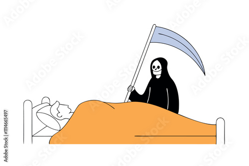 Death character in black robe with scythe coming for dying man in hospital vector flat illustration