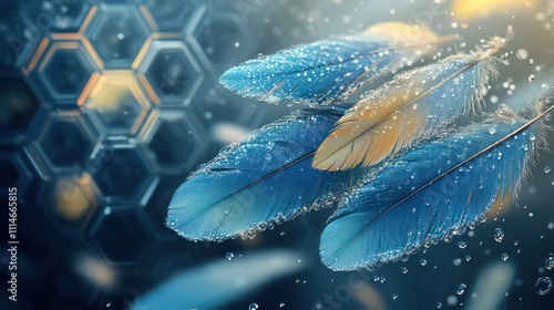 Soft gradient feathers in blues and yellows, covered in dew, floating over a time-bending hexagon vortex background. photo