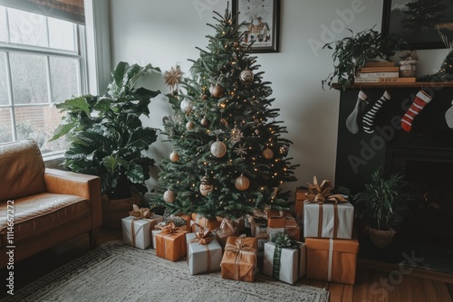 Decorated Christmas Tree With Presents Underneath In A Living Room