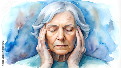 Watercolor illustration of an old woman massaging her temples with soothing blue and gray tones, old woman suffering headache