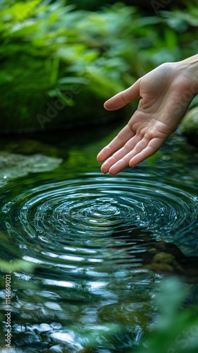 A hand reaches out to touch the surface of a tranquil pond, creating ripples in the clear water. The surrounding greenery adds to the serene atmosphere