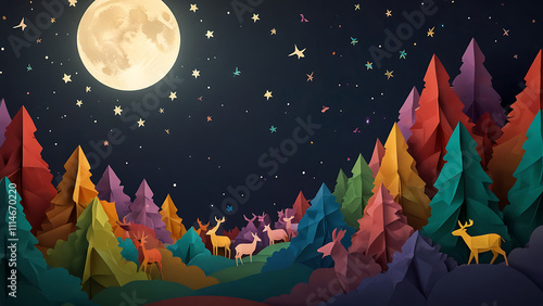 Serene Anime Minimalist Illustration of Jesus Christ as Shepherd Leading Flock in Divine Light paper cut origami multicolor theme at night with half moon and stars and forest photo