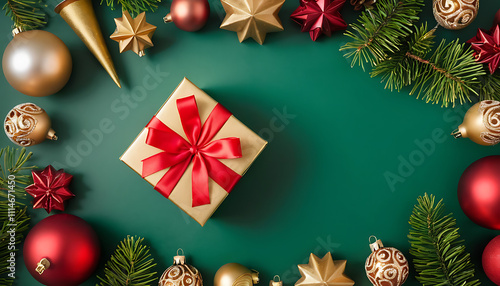 A top view festive red gift box wrapped in a golden ribbon lies on a green background shaped like a Christmas tree, surrounded by holiday ornaments photo