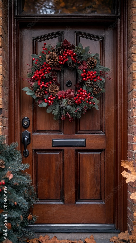 House door with festive Christmas wreath of conifer branches decorated with cones and red berries House door with festive Christmas wreath of conifer branches decorated with cones and red berries