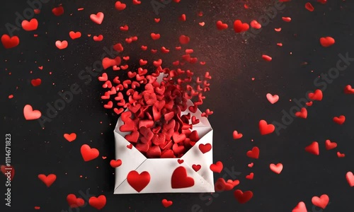 An envelope with lots of red hearts on a black background