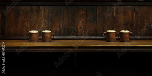 Four beer mugs on wooden bar counter photo