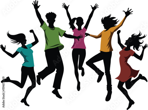 joyful friends celebrating  vibrant silhouette vector illustration