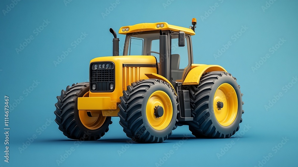 Obraz premium Modern yellow tractor on a light blue background.