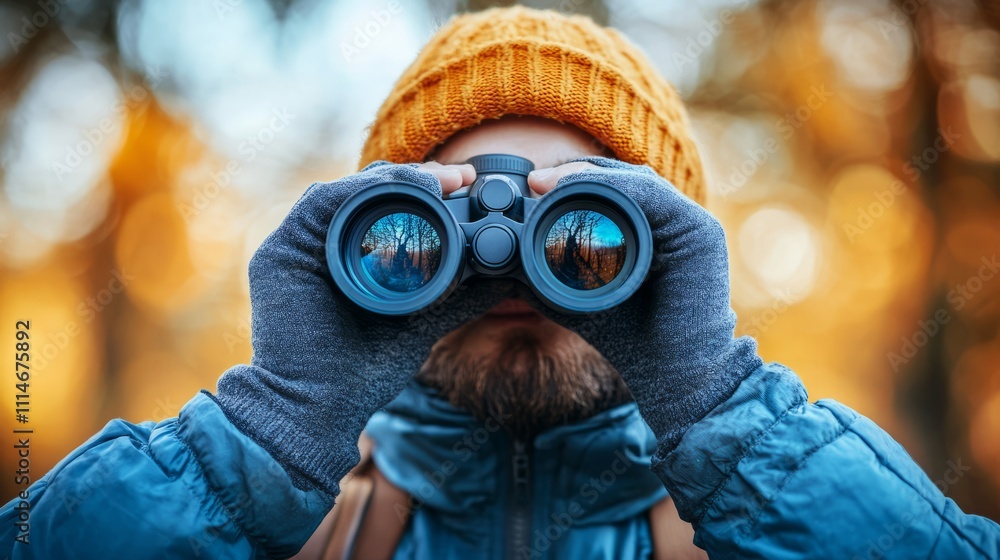 Fototapeta premium Dressed warmly, a person watches wildlife through binoculars amidst vibrant fall foliage