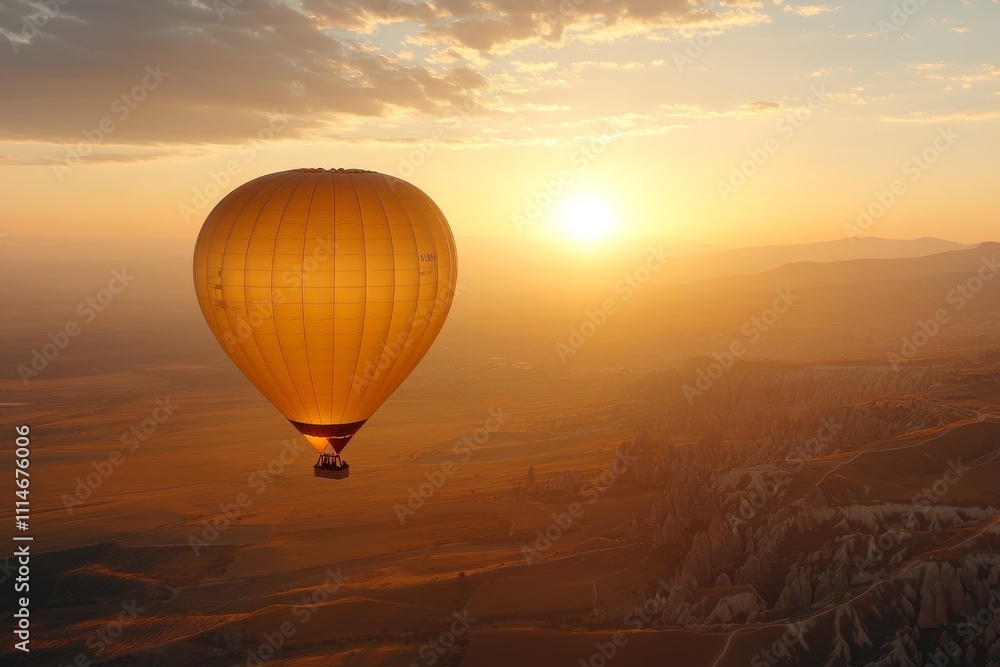 Obraz premium A solitary hot air balloon glides peacefully above the striking landscapes of Cappadocia, kissed gently by the sunrise, radiating freedom and serenity.