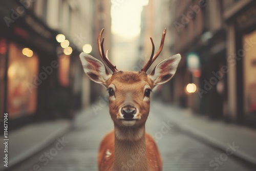 A serene deer stands composed at the center of an empty city street, its presence against an urban backdrop evokes tranquility amidst the urban chaos. photo