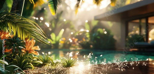 Luxurious villa with a poolside garden, sunlight glinting on dewdrops across tropical plants.