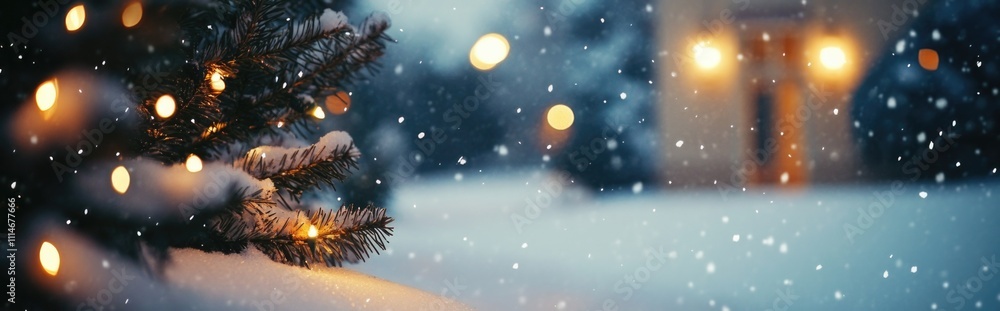 Fototapeta premium Enchanting holiday lights twinkle on snow-laden pine branches, set against a blurred background, creating a magical and serene winter scene.