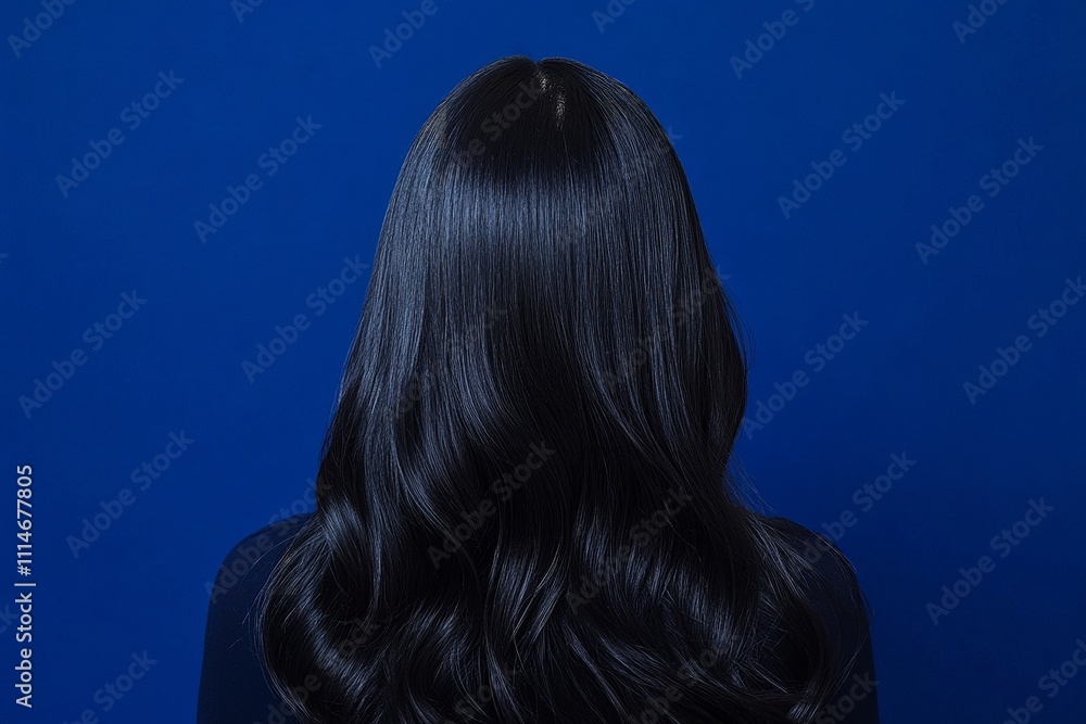 Fototapeta premium Beauty Composition Long Black Hair from Behind on a Bold Navy Blue Background