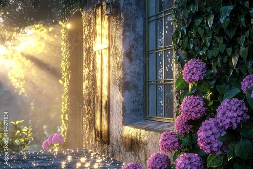 Luxurious villa with ivy-clad walls, morning sunlight catching dewdrops on pink hydrangeas.