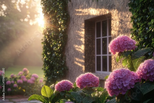 Luxurious villa with ivy-clad walls, morning sunlight catching dewdrops on pink hydrangeas.