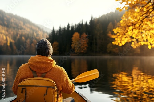 A lone man in a kayak navigates a peaceful mountain lake surrounded by autumn foliage, capturing solitude and serenity in a picturesque natural landscape. photo