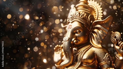 Golden Ganesh Statue with Sparkling Background
