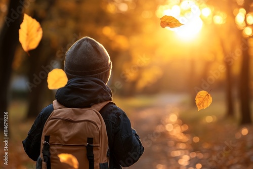 A child, clad in cozy attire and a backpack, stands amidst falling autumn leaves, admiring the sunset in a tranquil park, embracing the wonders of nature. photo