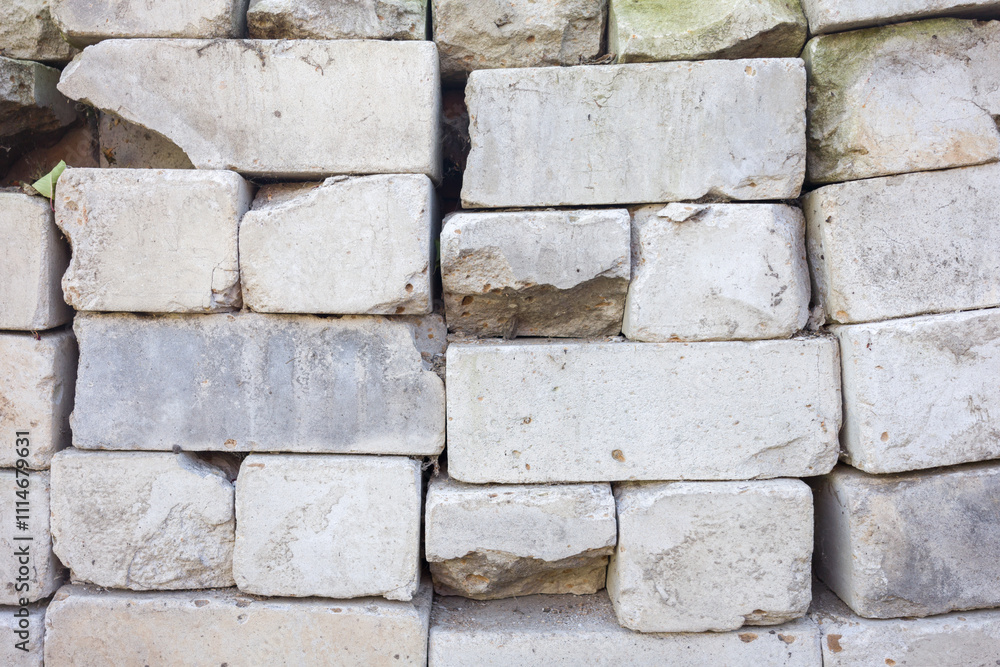 Fototapeta premium Weathered stone wall texture. Irregular blocks, showing age and damage. Great for background or design.