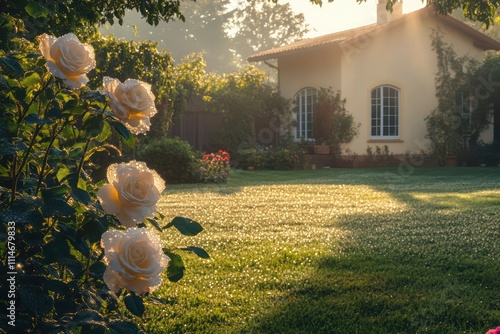 Mediterranean-style villa with sprawling backyard, soft sunlight on dew-covered roses and climbing ivy.