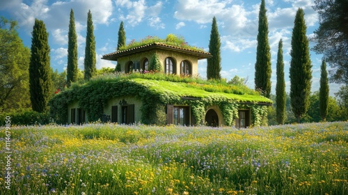 Majestic villa with a green roof garden, surrounded by tall cypress trees, and wildflower-filled meadows. photo